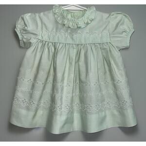 Vtg Baby Girl Dress Mint Green- Embroidered -Ruffled Collar -70s Charm - 12M